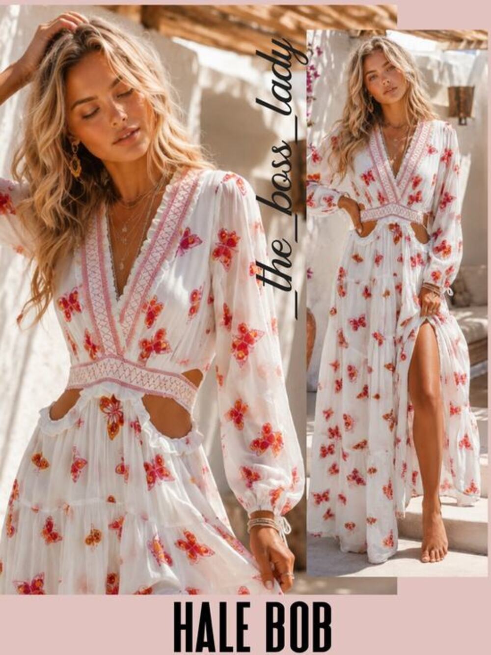 Hale Bob maxi dress embroidery side slit cutout waist butterfly XS